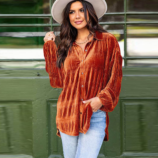 Velvet Crinkle Button-Down Shirt