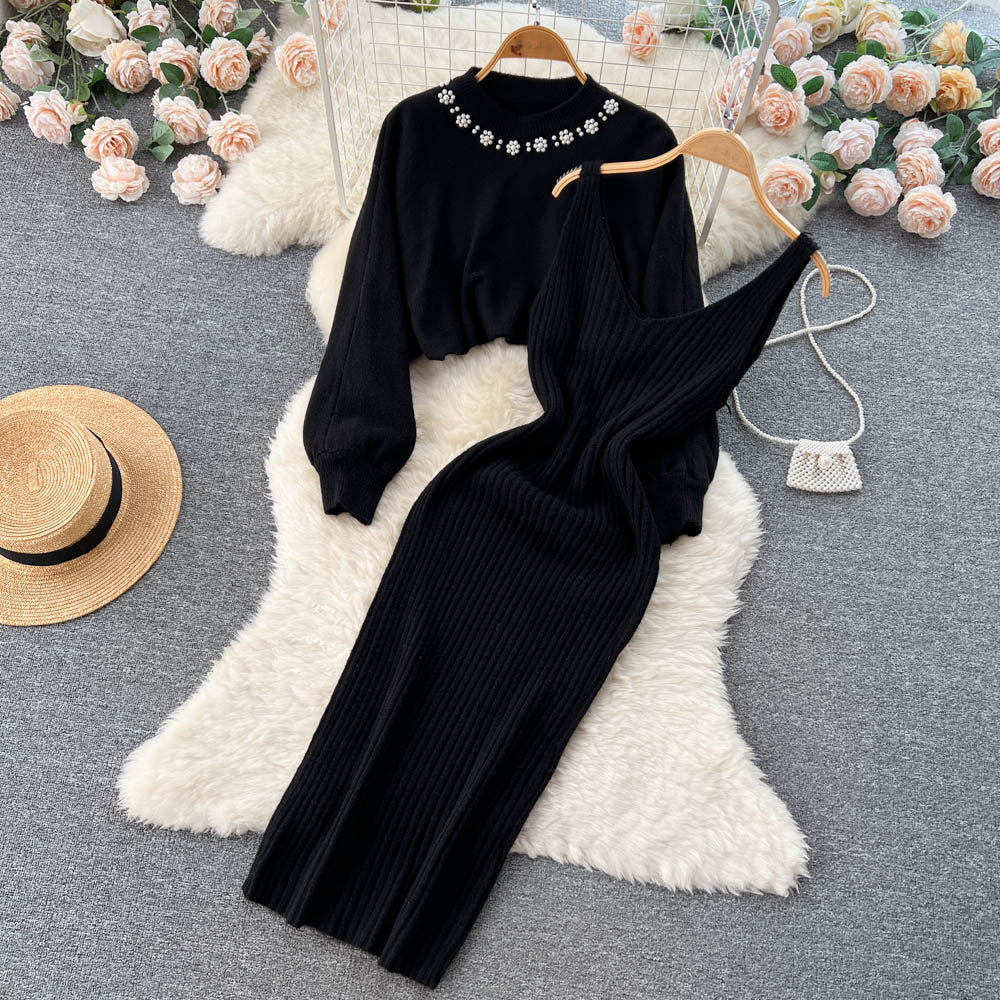 Renata Short Knitted Shirt V Neck Halter Dress Two Piece Set