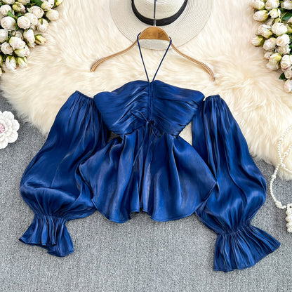French Retro Puff Sleeve Peplum Top