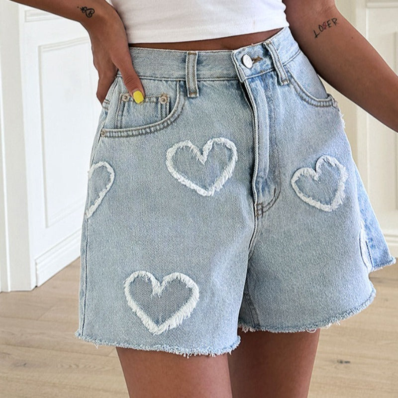 Cute Frayed Heart High Waist Denim Shorts