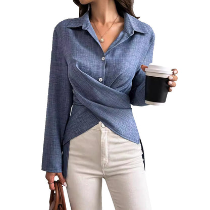 Isla Pleated Long-Sleeve Cross-Tie Shirt