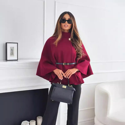 Stand Collar Batwing Sleeves Cloak Top With Belt
