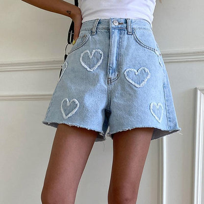 Cute Frayed Heart High Waist Denim Shorts