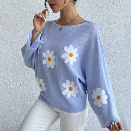 Chic Flower Embellished Casual Knit Top