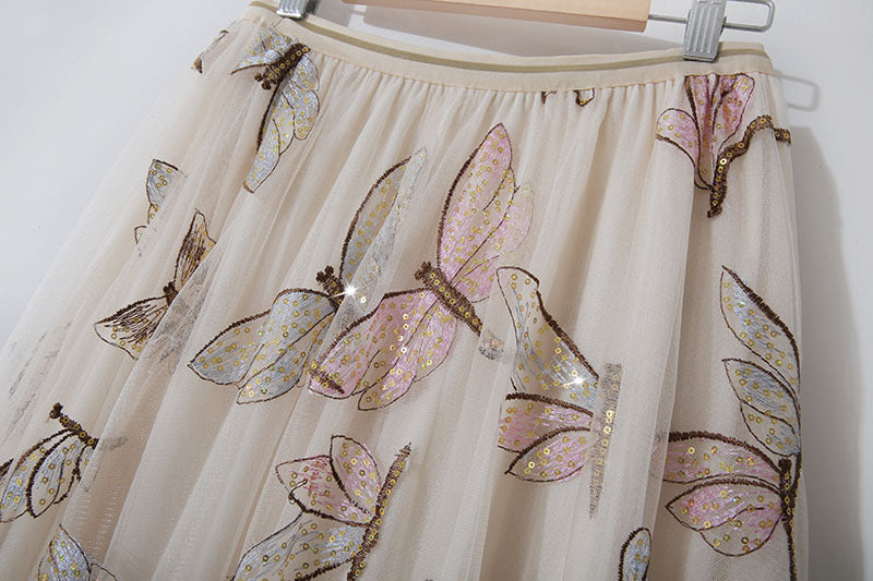 Rita Golden Silk High Waist Sequin Embroidery Mid Length Skirt