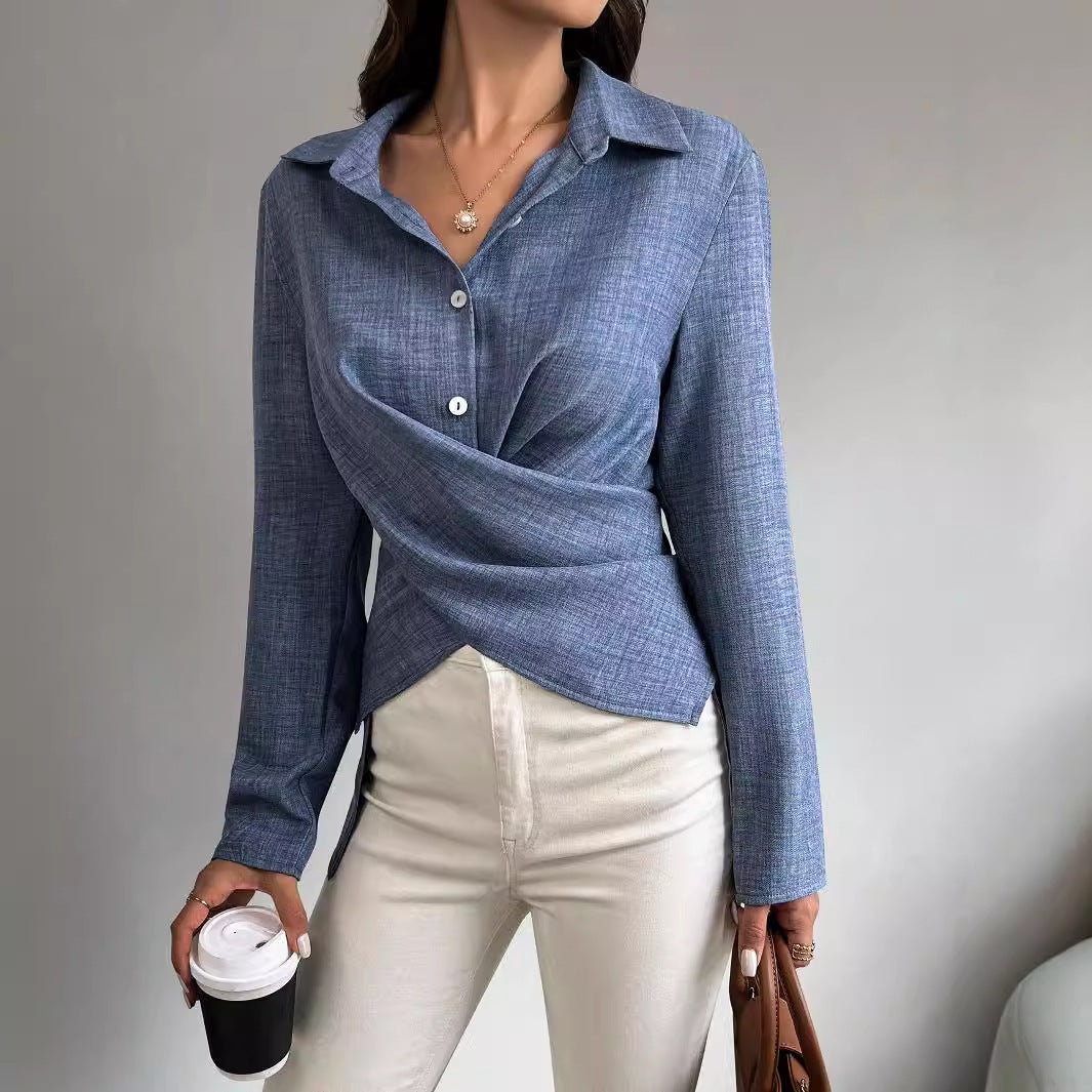 Isla Pleated Long-Sleeve Cross-Tie Shirt