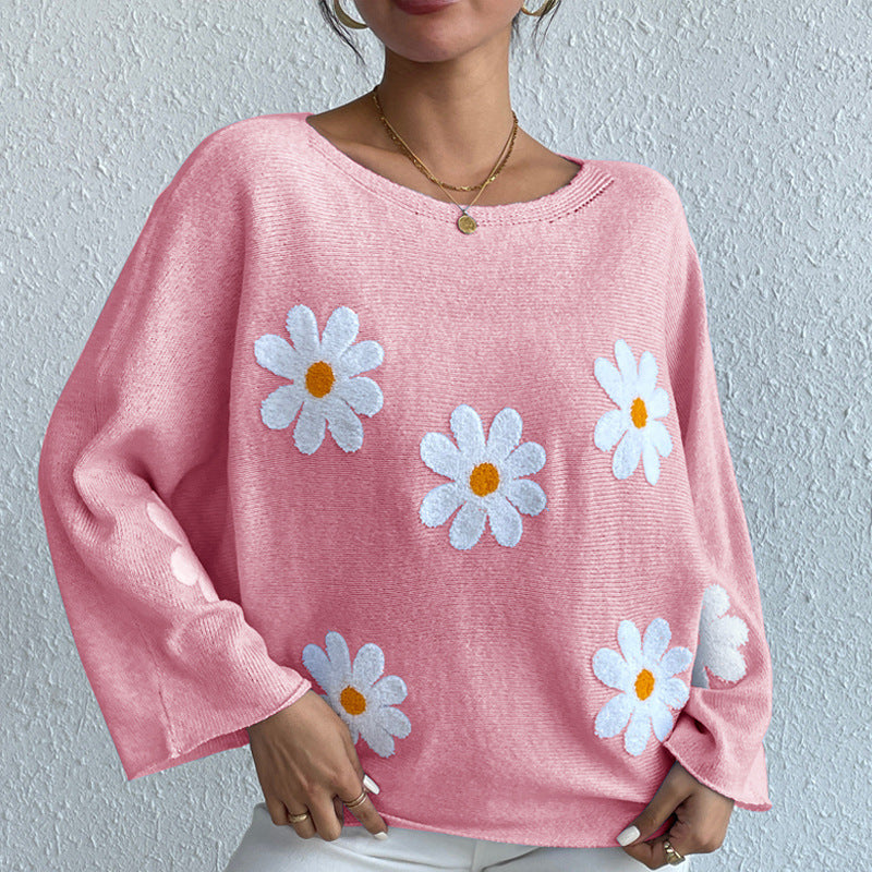 Chic Flower Embellished Casual Knit Top