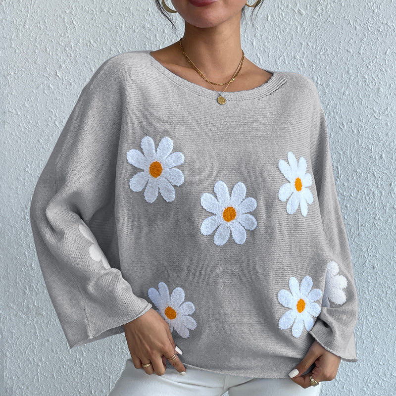 Chic Flower Embellished Casual Knit Top