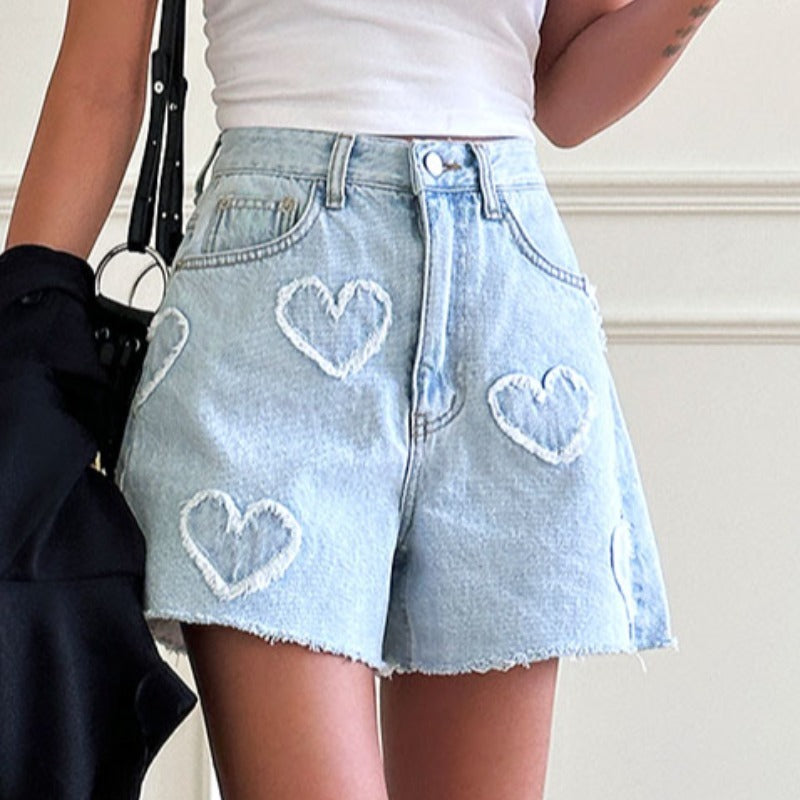 Cute Frayed Heart High Waist Denim Shorts