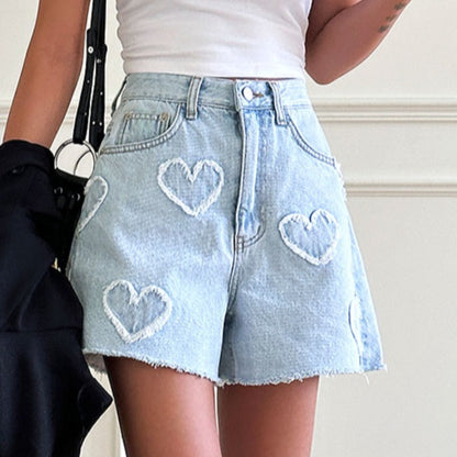 Cute Frayed Heart High Waist Denim Shorts