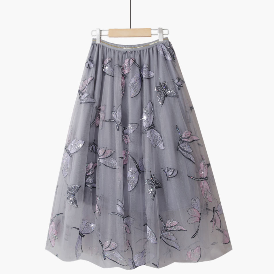 Rita Golden Silk High Waist Sequin Embroidery Mid Length Skirt