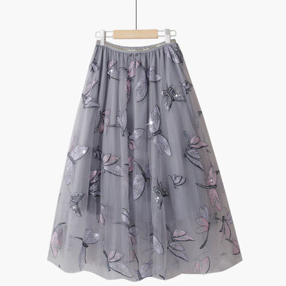 Rita Golden Silk High Waist Sequin Embroidery Mid Length Skirt