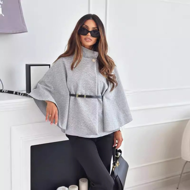 Stand Collar Batwing Sleeves Cloak Top With Belt