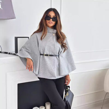 Stand Collar Batwing Sleeves Cloak Top With Belt