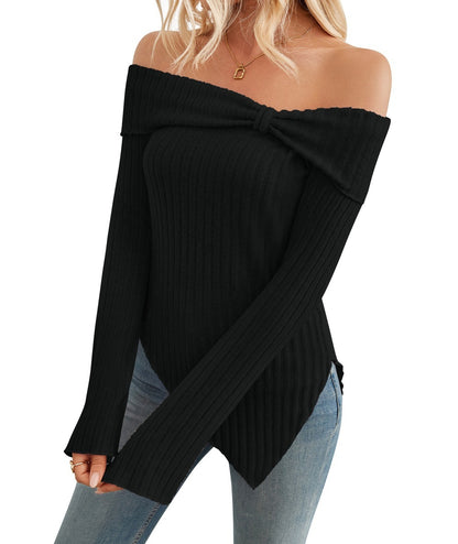 Soal Knit Ribbed Bow Tie One Shoulder Sweater