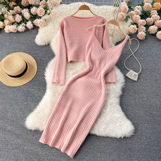 Marlowe Vintage Cropped Top Sling V-Neck Dress Stacked Two Piece Set