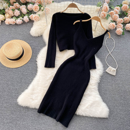 Marlowe Vintage Cropped Top Sling V-Neck Dress Stacked Two Piece Set