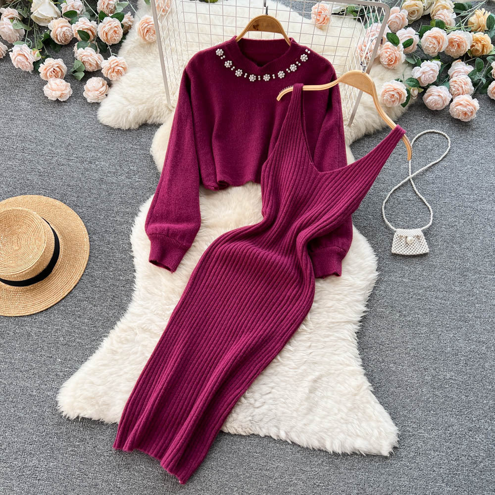 Renata Short Knitted Shirt V Neck Halter Dress Two Piece Set