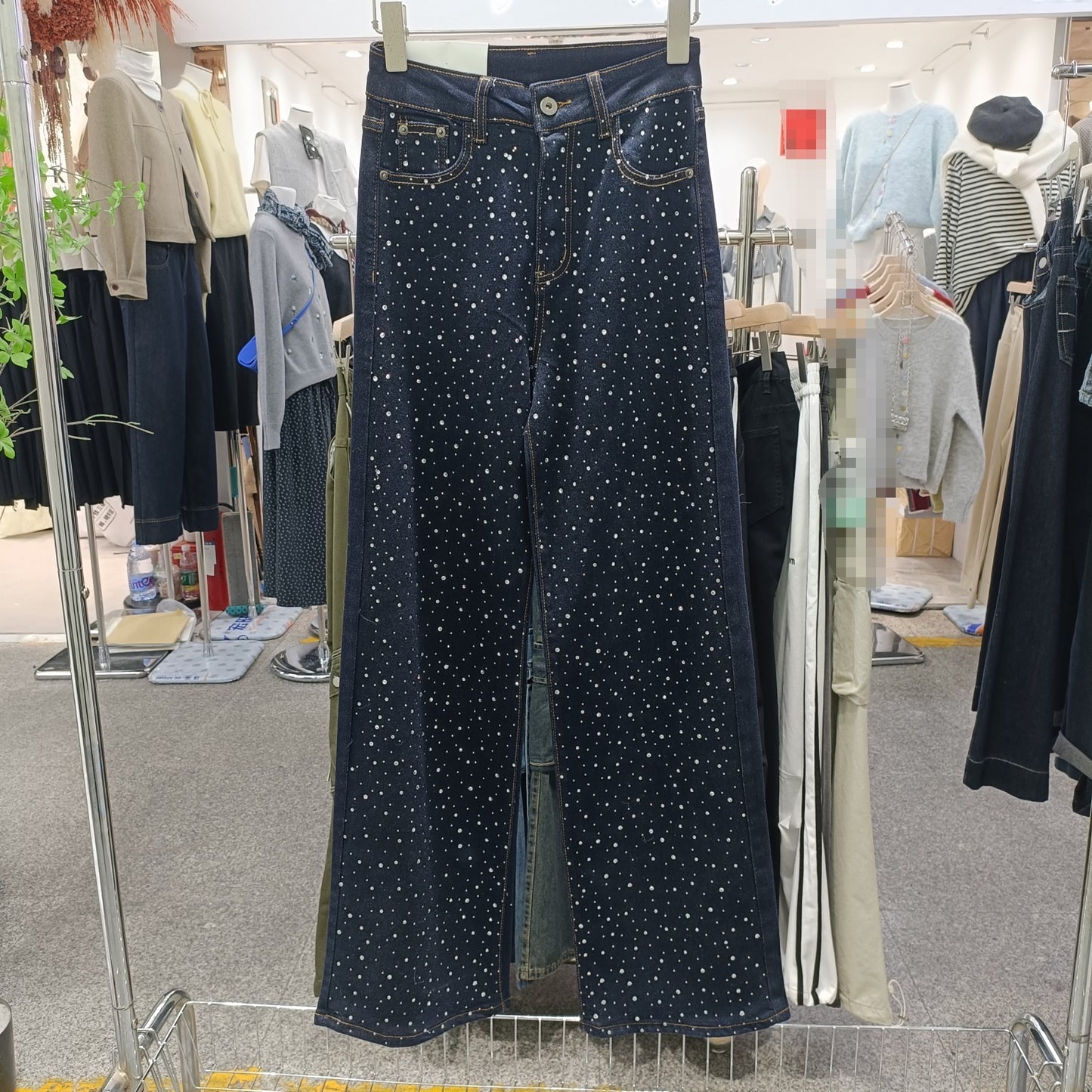 Korean Dark Blue Rhine Stone Jeans