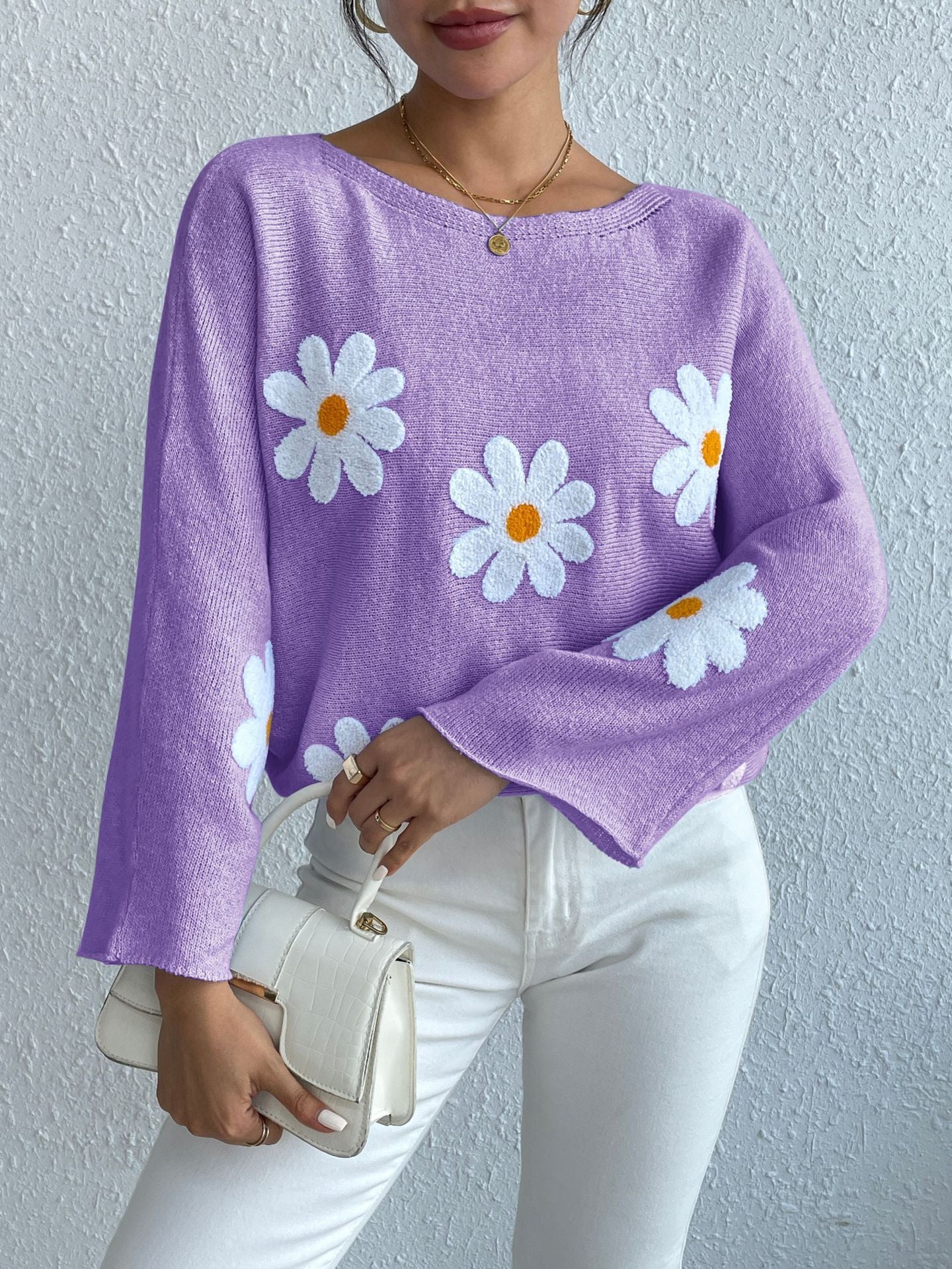 Chic Flower Embellished Casual Knit Top