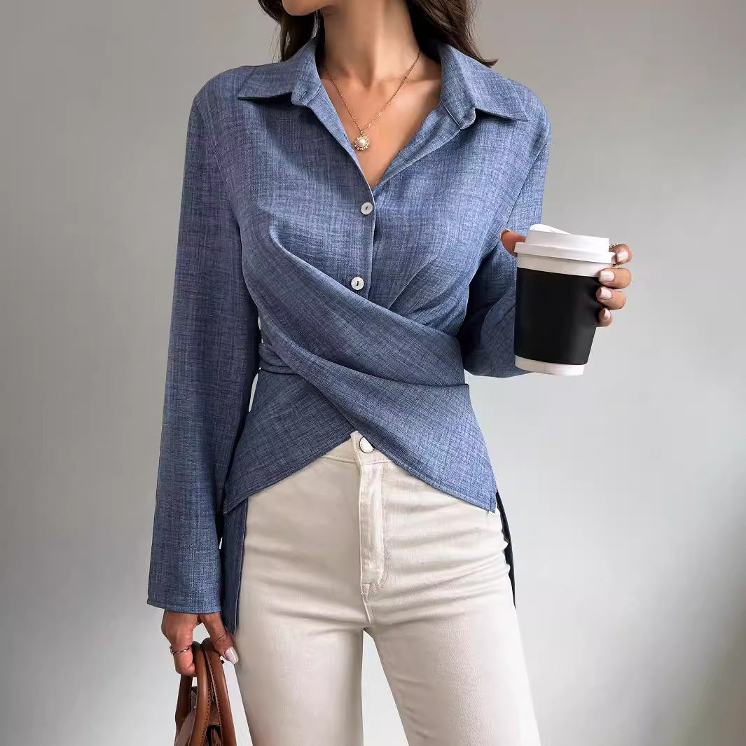 Isla Pleated Long-Sleeve Cross-Tie Shirt
