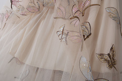 Rita Golden Silk High Waist Sequin Embroidery Mid Length Skirt