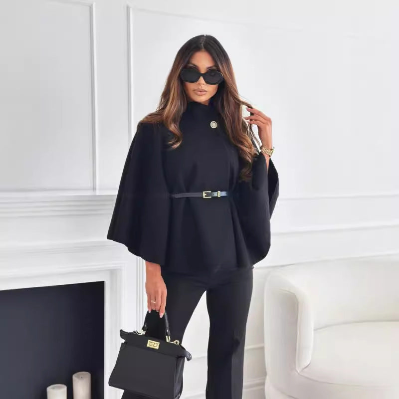 Stand Collar Batwing Sleeves Cloak Top With Belt