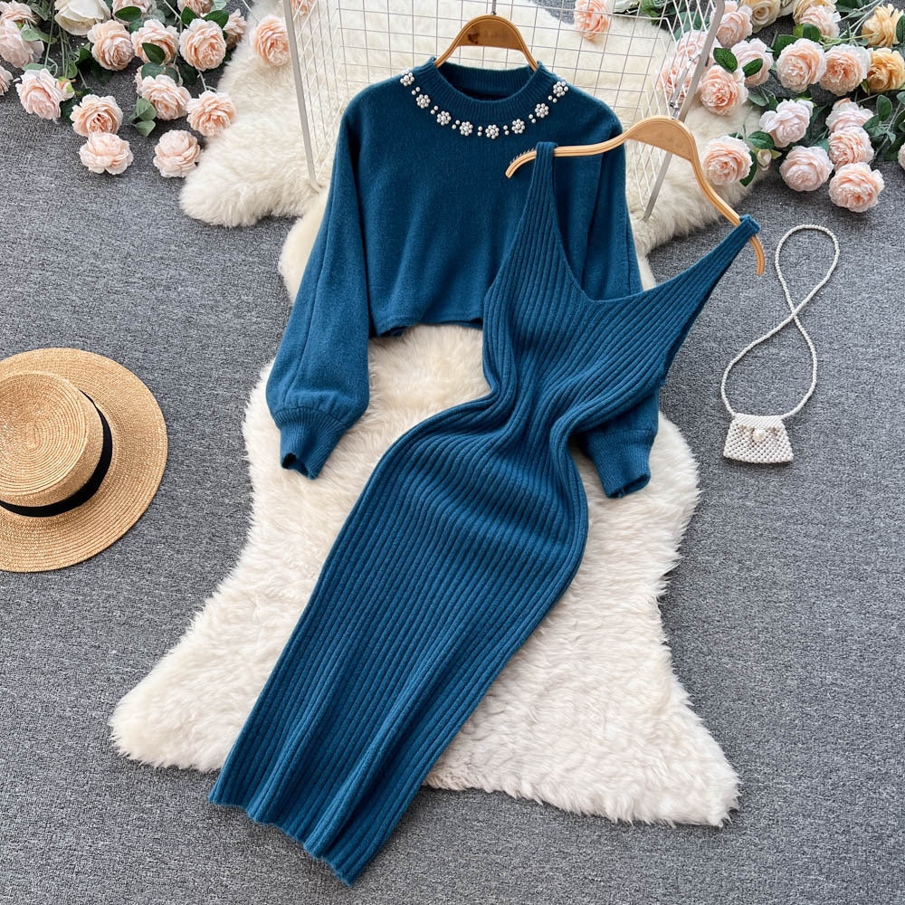 Renata Short Knitted Shirt V Neck Halter Dress Two Piece Set