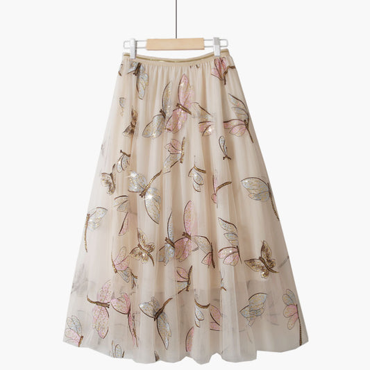 Rita Golden Silk High Waist Sequin Embroidery Mid Length Skirt