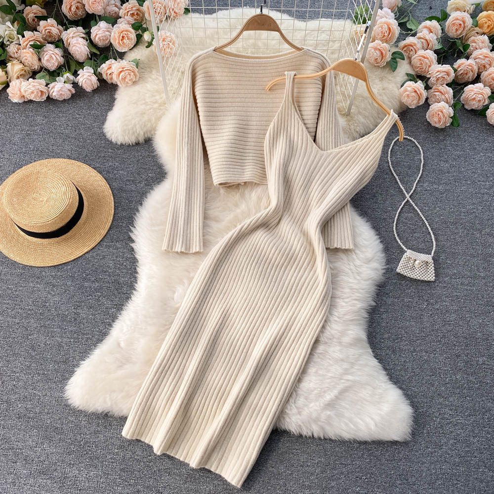 Marlowe Vintage Cropped Top Sling V-Neck Dress Stacked Two Piece Set