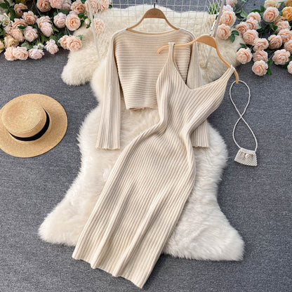Marlowe Vintage Cropped Top Sling V-Neck Dress Stacked Two Piece Set