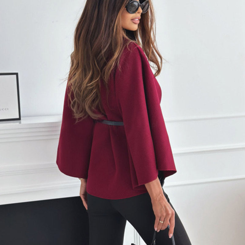 Stand Collar Batwing Sleeves Cloak Top With Belt