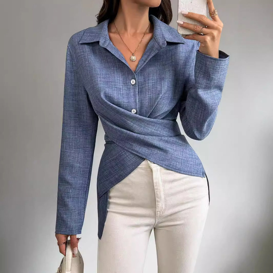 Isla Pleated Long-Sleeve Cross-Tie Shirt