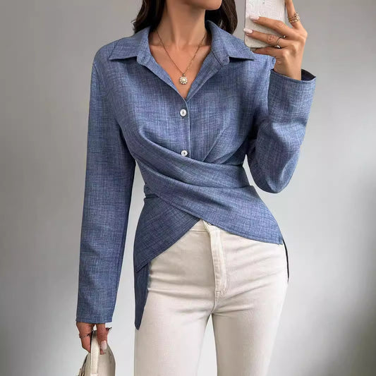 Isla Pleated Long-Sleeve Cross-Tie Shirt