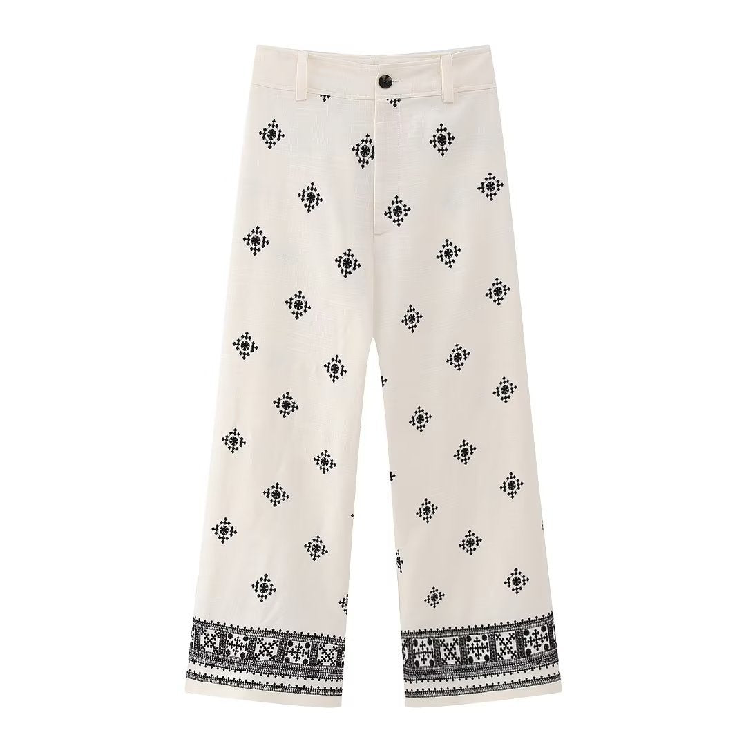 Geometric Embroidery Wide Leg Straight Casual Pants