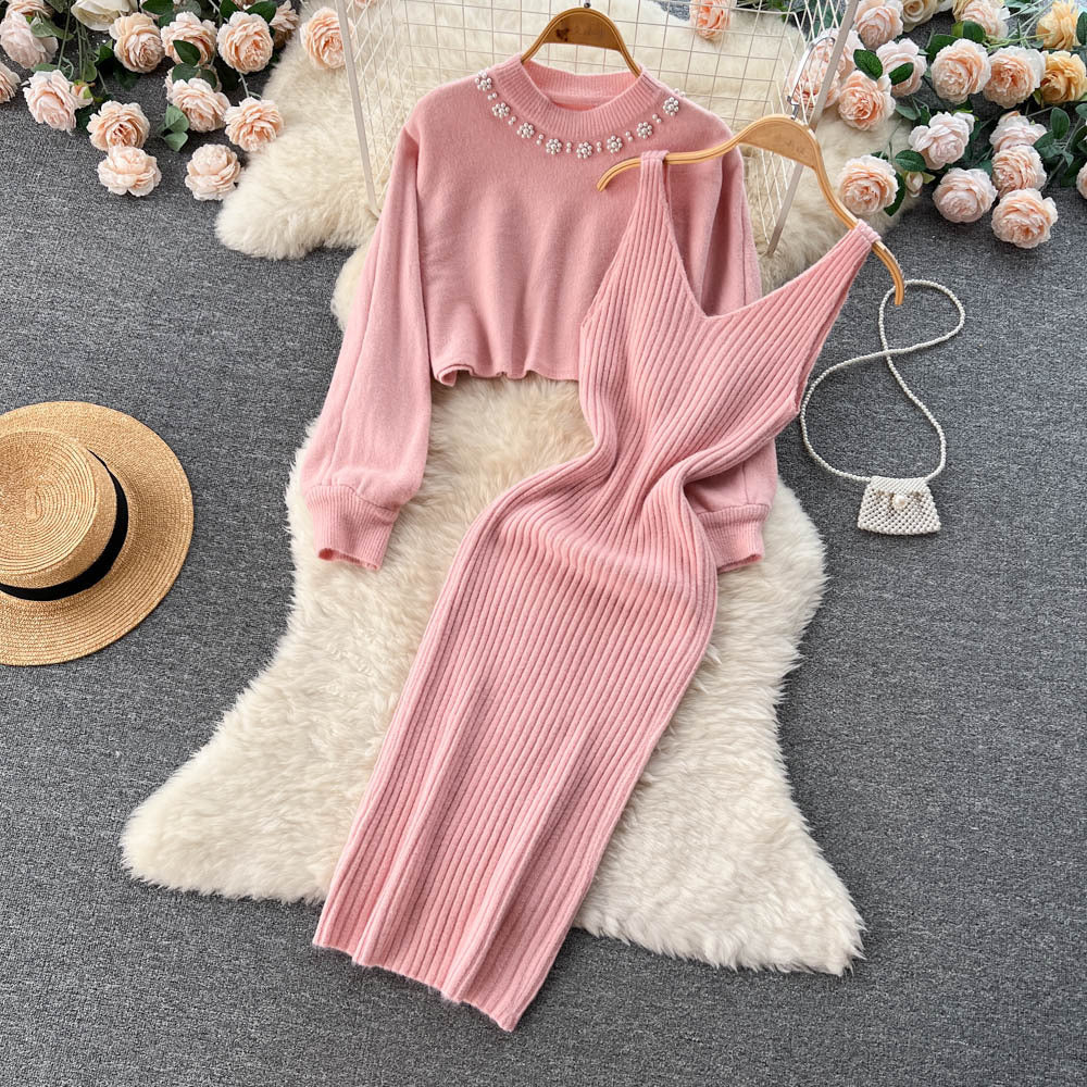 Renata Short Knitted Shirt V Neck Halter Dress Two Piece Set