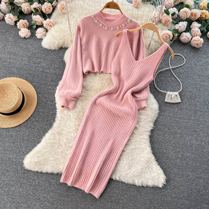 Renata Short Knitted Shirt V Neck Halter Dress Two Piece Set