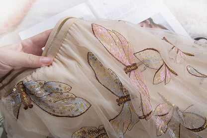 Rita Golden Silk High Waist Sequin Embroidery Mid Length Skirt