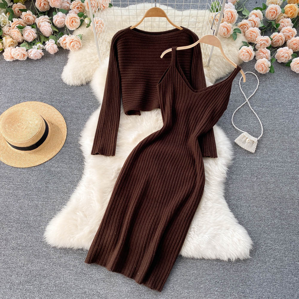 Marlowe Vintage Cropped Top Sling V-Neck Dress Stacked Two Piece Set