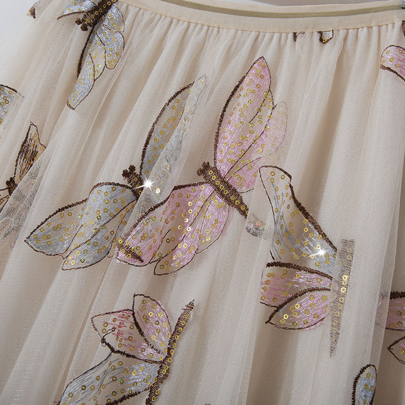 Rita Golden Silk High Waist Sequin Embroidery Mid Length Skirt