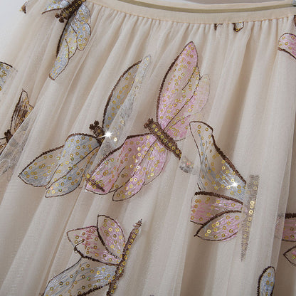 Rita Golden Silk High Waist Sequin Embroidery Mid Length Skirt