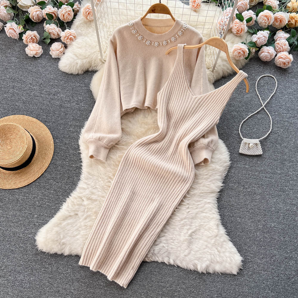 Renata Short Knitted Shirt V Neck Halter Dress Two Piece Set