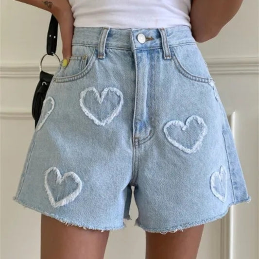 Cute Frayed Heart High Waist Denim Shorts