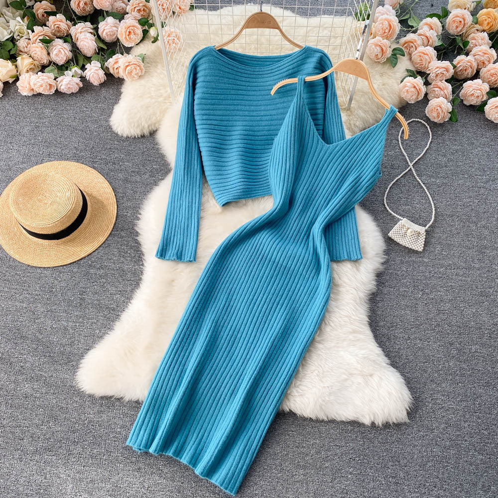 Marlowe Vintage Cropped Top Sling V-Neck Dress Stacked Two Piece Set