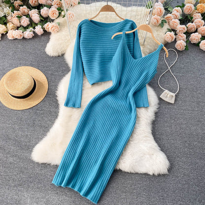 Marlowe Vintage Cropped Top Sling V-Neck Dress Stacked Two Piece Set