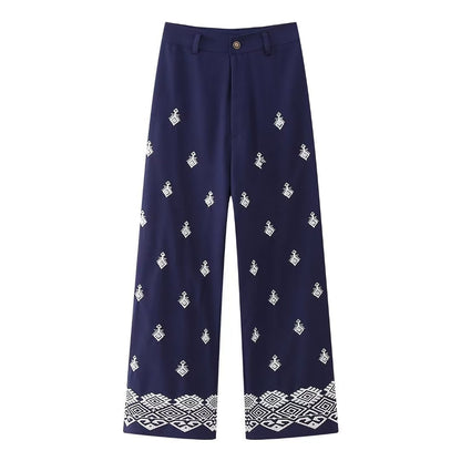 Geometric Embroidery Wide Leg Straight Casual Pants