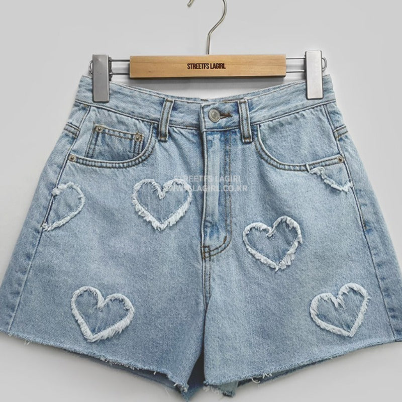 Cute Frayed Heart High Waist Denim Shorts