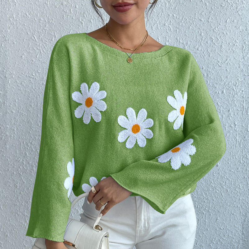 Chic Flower Embellished Casual Knit Top