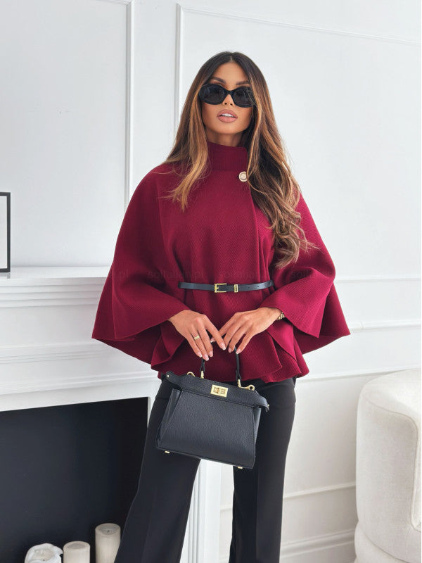 Stand Collar Batwing Sleeves Cloak Top With Belt