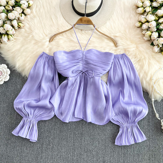 French Retro Puff Sleeve Peplum Top